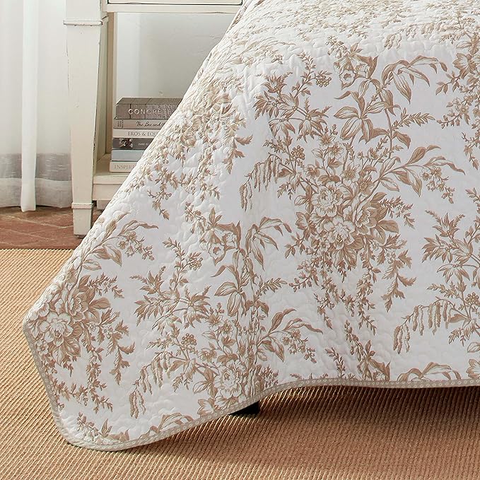 Laura Ashley - Twin Quilt Set, Reversible Cotton Bedding with Matching Sham, Medium-Weight for Year Round Use, Dorm Essentials (Bedford Mocha)