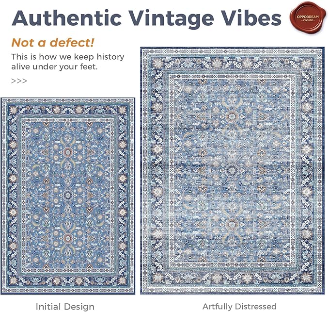 OPPODREAM Vintage Blue Area Rugs 5x7, 5 x 7 Retro Washable Rug Non Slip, Low-Pile Faux Wool Carpet, Distressed Navy Floor Mat for Living Room, Bedroom, Kitchen, Office, Dorm, Dinning Room