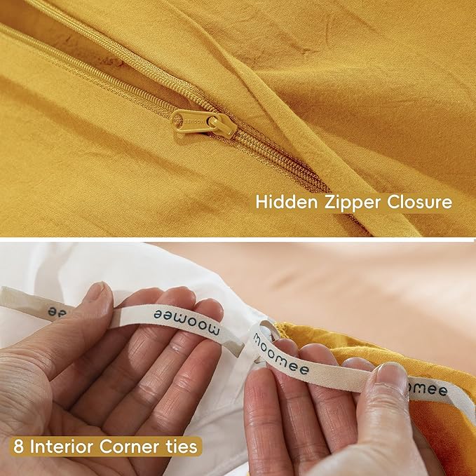 MooMee Bedding Duvet Cover Set 100% Washed Cotton Linen Like Textured Breathable Durable Soft Comfy (Solid Yellow, Twin 68"x90")