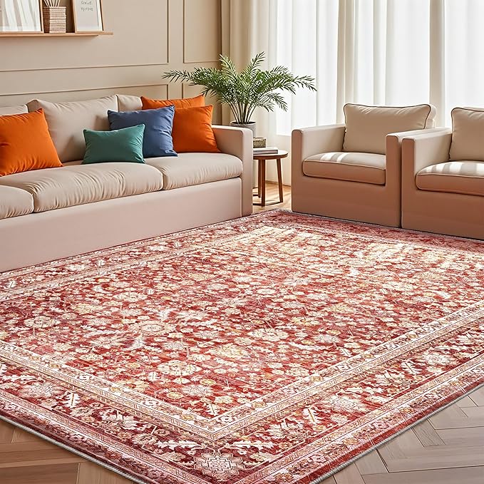 OPPODREAM Vintage Red Area Rugs 6x9, 6 x 9 Retro Washable Rug Non Slip, Low-Pile Faux Wool Carpet, Distressed Floor Mat for Living Room, Bedroom, Kitchen, Office, Dorm, Dinning Room