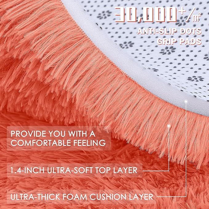 OLANLY Coral Red Round Rugs for Bedroom - Machine Washable, 4 ft Circle Area Rugs for Living Room, Soft and Fluffy Shaggy Carpet for Teen Girl and Boys, Nursery Rooms, Dorms, Home Decor Aesthetic