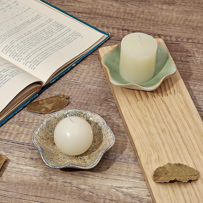 Koythin 2-Piece Ceramic Candle Holder, Aesthetics Candlestick Holders for Tea Lights, Lotus Leaf Shape Candle Stand for Mantle Table, Adorable Vintage Decor for Weddings Dining (Milky White)