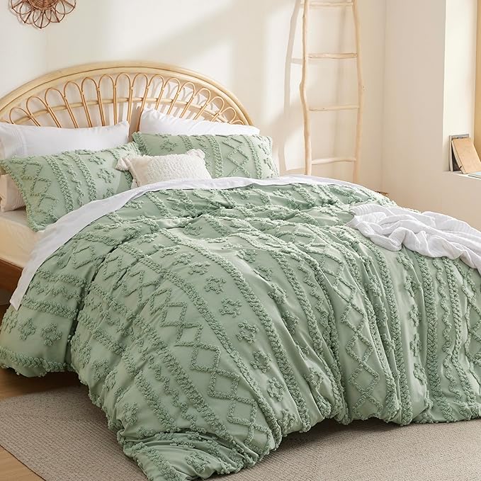 Bedsure Boho Duvet Cover King Size, Soft & Comfortable Elegant Design Boho Bedding for Decoration, Machine Washable Comforter Cover for All Seasons,Includes 1 Duvet Cover & 2 Pillow Shams,Light Green