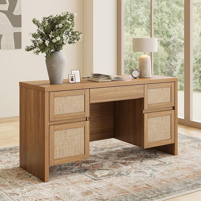 Yechen Executive Desk with 5 Drawers, 57" Modern Rattan Home Office Desk with Charging Station, File Drawer, Farmhouse Boho Computer Writing Desk for Study, Work, Oak