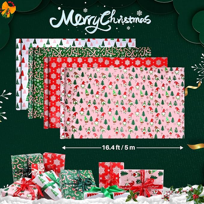 Panigkids Christmas Wrapping Paper 4 Rolls with Santa Claus, Snowflakes, Candy, Pine Designs, for Men Women Kids, 16.9 In x 16.4 Feet, for Christmas, Holiday, Party Celebration