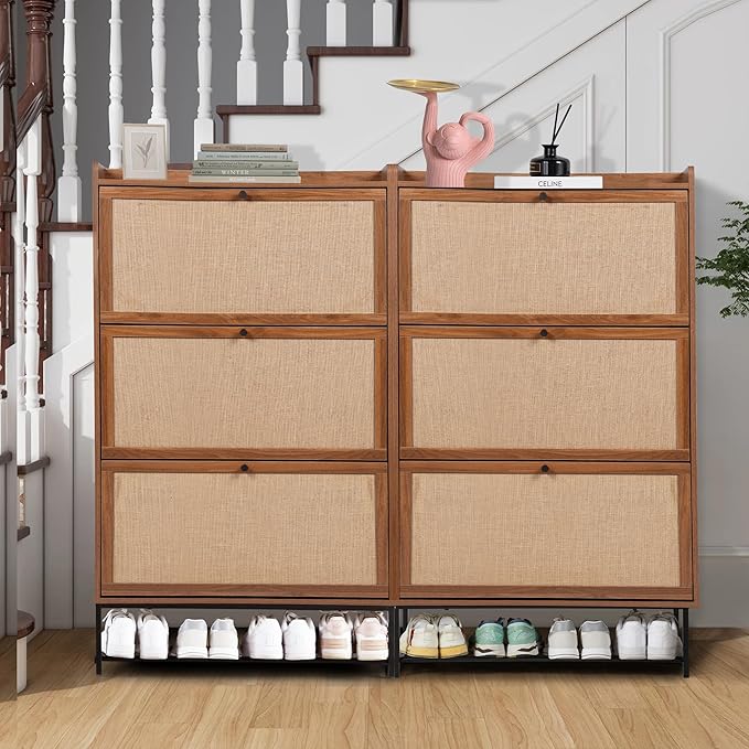 LEVNARY Shoe Cabinet for Entryway, Slim Shoe Cabinet with 3 Flip Drawers Narrow Shoe Storage Cabinet, 4 Tier Freestanding Shoe Organizer for Entryway, Hallway (2, Walnut)