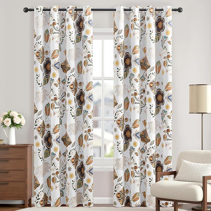 XiDi White Vintage Floral Blackout Curtains 2 Panels for Living Room Bedroom 84 Inches Long Boho Flower Leaf Patterned Curtains Thermal Insulated Mid Century Colorful Grommet Window Drapes 52x84