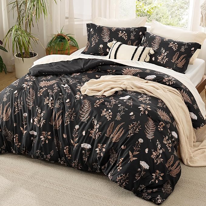 Bedsure Comforter Set Queen Size - Floral Bedding Comforter Set, 3 Pieces, 1 Soft Black Comforter and 2 Pillow Shams