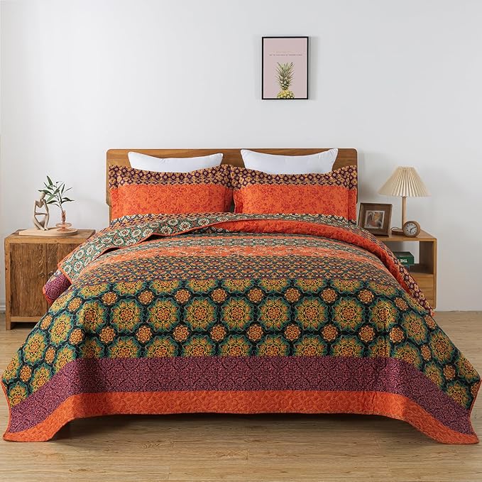 HoneiLife Quilt Sets King Size - 3 Pieces Microfiber Quilt Lightweight Bedspreads Wildflower Coverlets Retro Bed Cover King Quilt Bedding Set All Season Quilts-Pumpkin