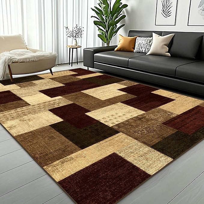 Modern Geometric Patchwork Indoor Area Rug for Living Room, Red 9x12 Large Rug Rockwood Collection Hardwood Floors Decor for Bedroom, Burgundy Throw Carpet for Office Entryway Dining Room