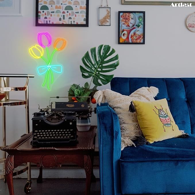 Tulip Flower Neon Sign for Wall Decor LED Tulip Lamp With Dimmable Switch Tulip Neon Night Light for Bedroom Wall Decor Flower Shop Decor Tulip Sign for Living Room Party Decoration
