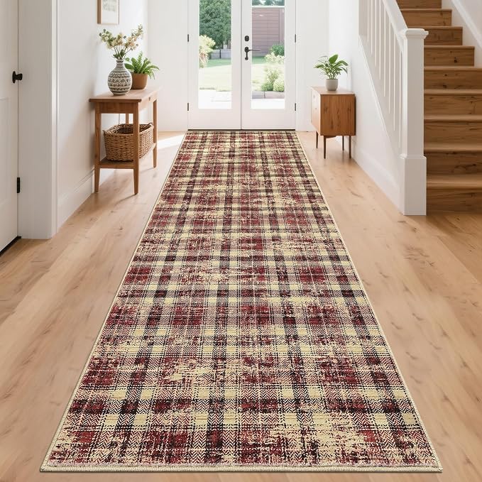 Tartan Plaid Runner Rug for Hallway 2.5x12 Kitchen Rugs Non Slip Washable Modern Entryway Rug Soft Bathroom Rugs Stain Resistant Carpet for Hallway Laundry Bedroom 2'6''x12' Red