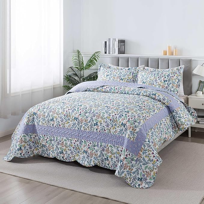HoneiLife Oversized Queen Quilt - Microfiber Quilt Sets 106"x106",3-Piece Floral Bedspreads, Lightweight Coverlets, Wildflower Quilts, Queen Quilt Bedding Sets for All Season Use