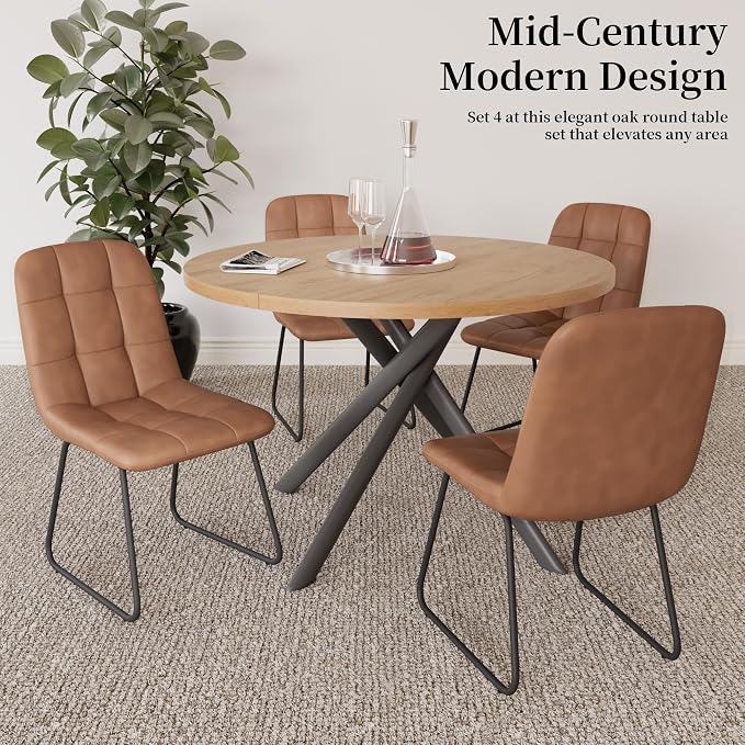 HIPIHOM 45.3 Inch Round Dining Table Set for 4, Mid Century Modern Small Kitchen Coffee Set for Dining Room Kitchen Apartment (Oak Table + 4 U-Shaped Brown Chairs)