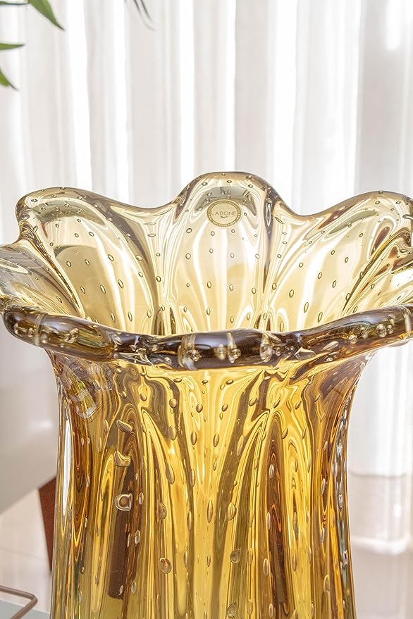 Extra Large Blown Glass Vase Amber, Everest Model, Murano-Style, Handcrafted Brazilian Glass Art, Floral Arrangements, Home Decor, 21.8 lbs