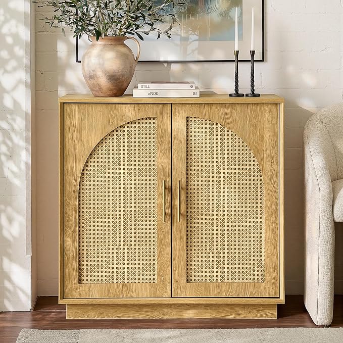 FORTUNETEC Sideboard Buffet Cabinet with Storage Set of 2, Modern Accent Cabinet with Rattan Arched Doors, Modular Media Console, Boho Credenza for Living Room Kitchen Dining Room Entryway, Oak