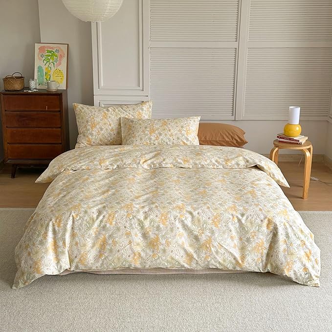 AOJIM Kids Adults Aesthetic Duvet Cover Set for Room Decor, Pure Cotton Comforter Cover Set 3pcs with Begonia Pattern, 1 Soft Quilt Cover Queen Size and 2 Matching Pillowcases, No Comforter
