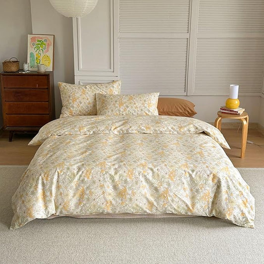 AOJIM Kids Adults Aesthetic Duvet Cover Set for Room Decor, Pure Cotton Comforter Cover Set 3pcs with Begonia Pattern, 1 Soft Quilt Cover Queen Size and 2 Matching Pillowcases, No Comforter