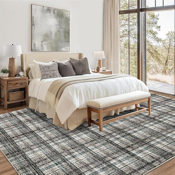 Washable Rugs 9x12 Rug for Living Room Modern Bedroom Rug Contemporary Large Area Rug Non Slip Throw Rugs Soft Stain Resistant Carpet for Office Dining Room 9'x12' Teal&Dark Brown