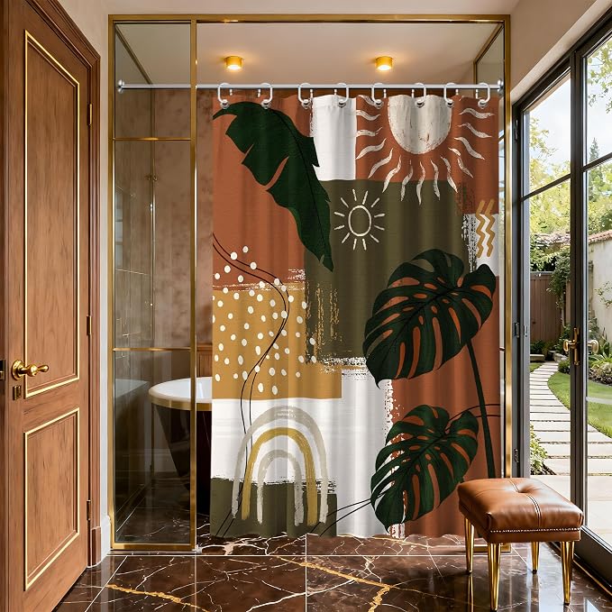 Small Stall Narrow Shower Curtain Mid Century Modern Stand Up Abstract Tropical Leaf Shower Curtains for Rv Camper Bathroom Decor Sets, Waterproof Cloth Fabric with Hooks, 48 x 72 Inch