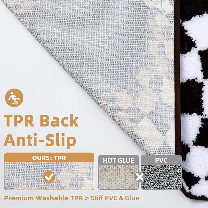 Cute Microfiber Checkered Bath Mat, Non Slip High Pile Absorbent Mat, Tufted Checkerboard Rug for Toilet, Sink, Funky Apartment Decor, Brown, Machine Washable, 16"x24"