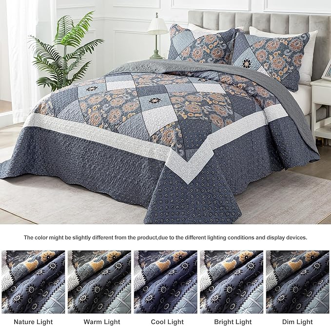 HoneiLife King Quilt Bedding Sets - 3 Piece Microfiber Quilt Set Rustic Bedspread Set Patchwork Coverlet Set for King Bed