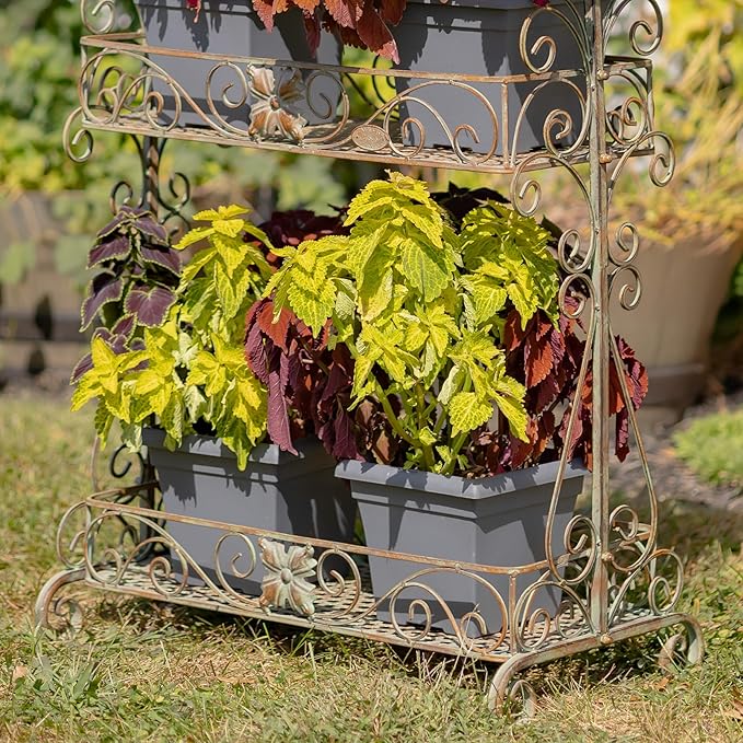 Zaer Ltd. Two Tier Rectangular Ornate Metal Plant Stand (Frosted Green)