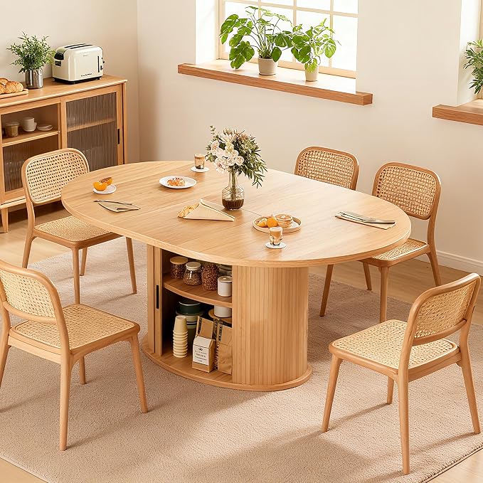 Wildhome Extendable Round Dining Table for 2-4-6, 63 Inch Dining Room Kitchen Table with 2-Tier Storage Shelf, Modern Farmhouse Fluted Wood Slide Door Dinner Furniture,Oval Circle (Oak-63 Inch)