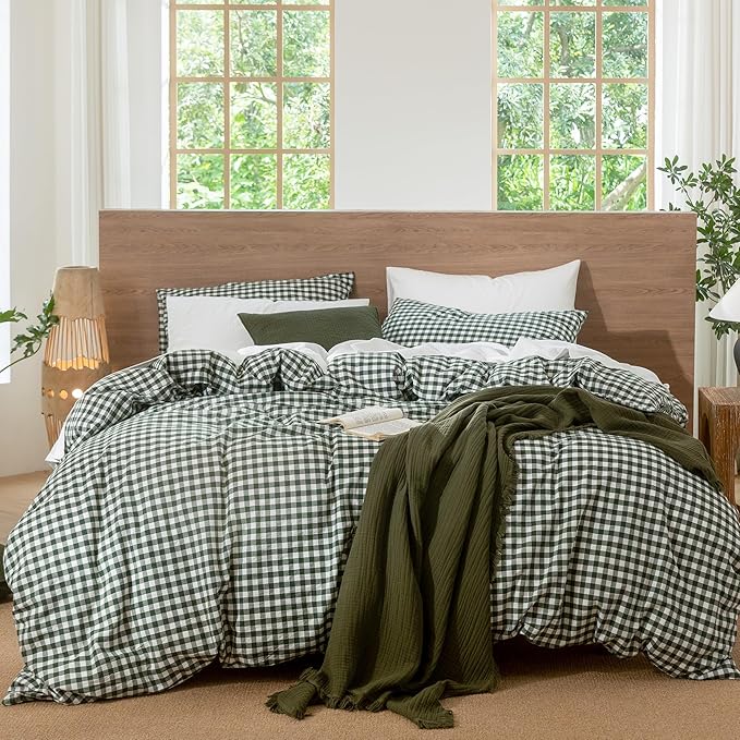 MooMee Gingham Duvet Cover Set 100% Washed Cotton Linen Like Textured Breathable Durable Soft Comfy Modern Checkered Design (Forest Green Gingham, Oversized Queen 98"x98")