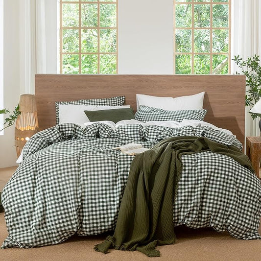 MooMee Gingham Duvet Cover Set 100% Washed Cotton Linen Like Textured Breathable Durable Soft Comfy Modern Checkered Design (Forest Green Gingham, Oversized Queen 98"x98")