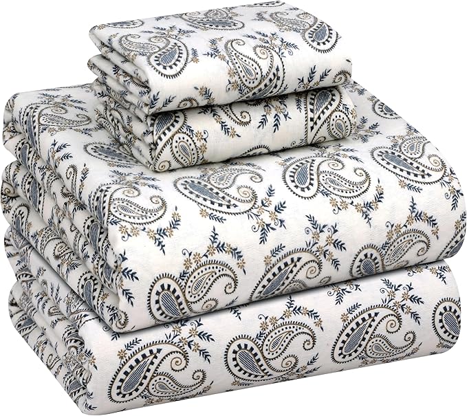 RUVANTI Flannel Sheets Full Size - 100% Cotton Double Brushed Bed Sheets Set, Deep Pockets 16 Inches, All Seasons Breathable & Extra Soft Full Sheets, Warm & Cozy, 4 Piece, Old School Paisley