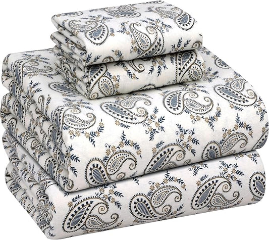 RUVANTI Flannel Sheets Full Size - 100% Cotton Double Brushed Bed Sheets Set, Deep Pockets 16 Inches, All Seasons Breathable & Extra Soft Full Sheets, Warm & Cozy, 4 Piece, Old School Paisley