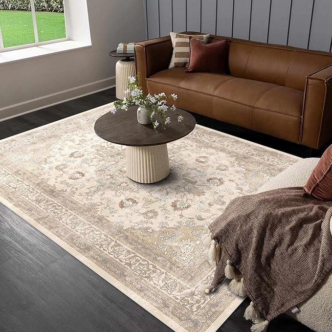 vivorug 3x5 Rug, Small Neutral Area Rug for Living Room, Bedroom, Kitchen, Machine Washable Non-Slip Throw Rug, Vintage Floral Carpet for Entryway Nursery Coffee Table - Durable (Beige)