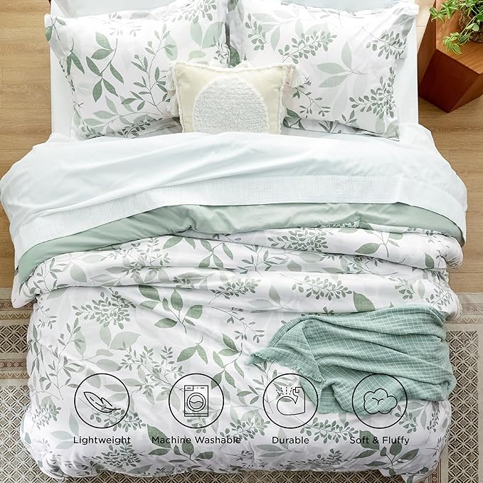 Bedsure Comforter Set King Size - Cute Floral Bedding Comforter Set, 3 Pieces, 1 Soft Reversible Sage Green Botanical Flowers Comforter and Pillow Shams
