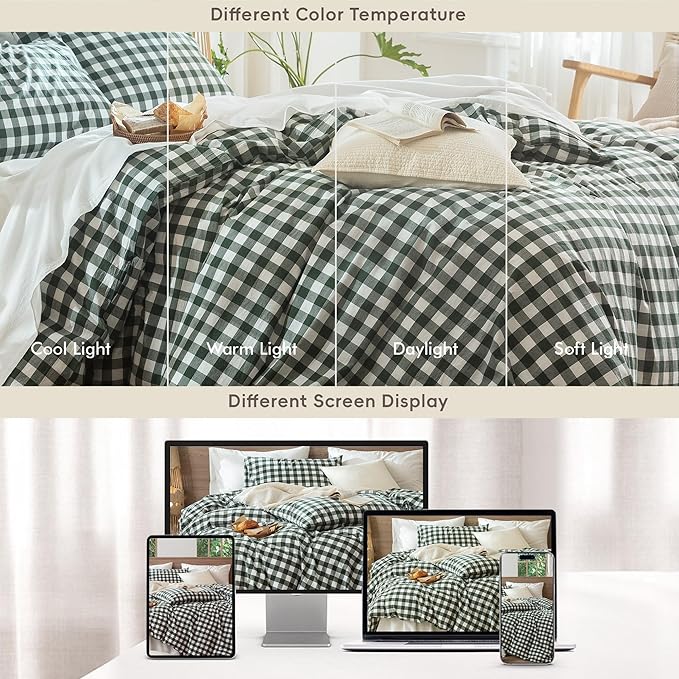 MooMee Gingham Duvet Cover Set 100% Washed Cotton Linen Like Textured Breathable Durable Soft Comfy Modern Checkered Design (Buffalo Plaid Forest Green, Twin 68"x90")
