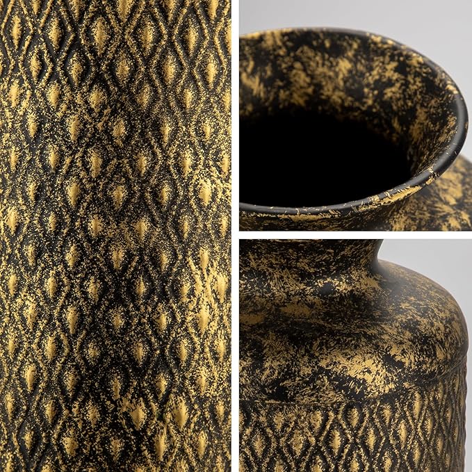 Flower Vase Rustic Metal Vase, 14" Black and Gold Pattern Vase for Farmhouse Home Décor Artificial Flowers and Centerpieces