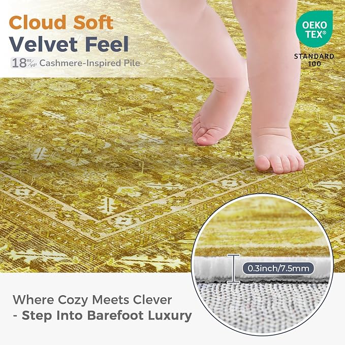 OPPODREAM Vintage Yellow Area Rugs 10x14, 10 x 14 Retro Washable Rug Non Slip, Low-Pile Faux Wool Carpet, Distressed Floor Mat for Living Room, Bedroom, Office, Dorm, Dinning Room, Big & Large