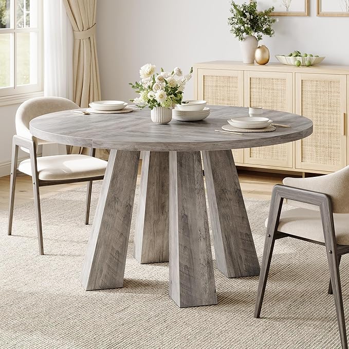 IDEALHOUSE 47" Round Dining Table for 4-6, Wood Kitchen Table with Sturdy Base, Farmhouse Circle Dinner Table for Dining Room, Living Room, 4 Strong Legs, Grey