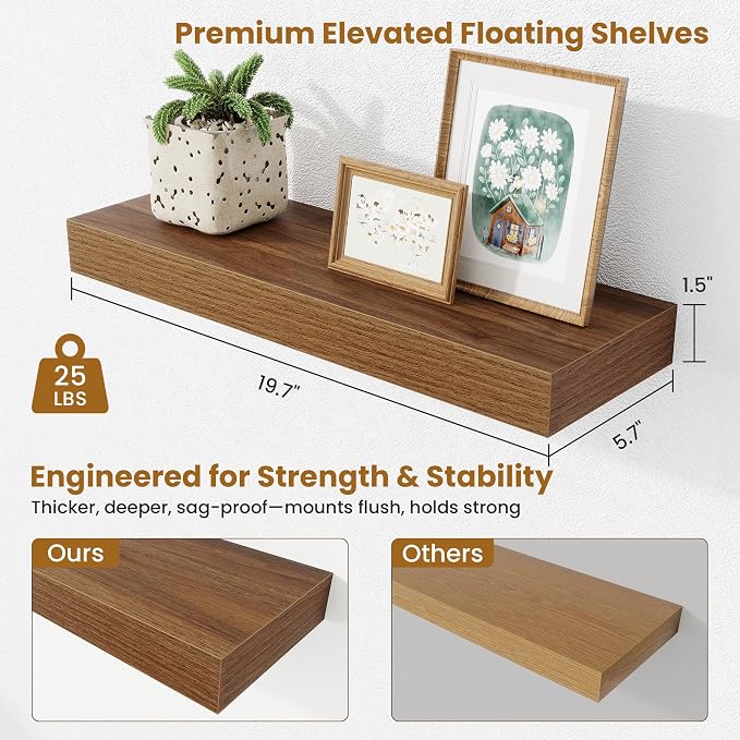 Fun Memories Floating Shelves Bathroom for Wall Mounted Shelves, 20 Inch Wood Shelf Set of 2, Home Storage & Display Decor, Walnut