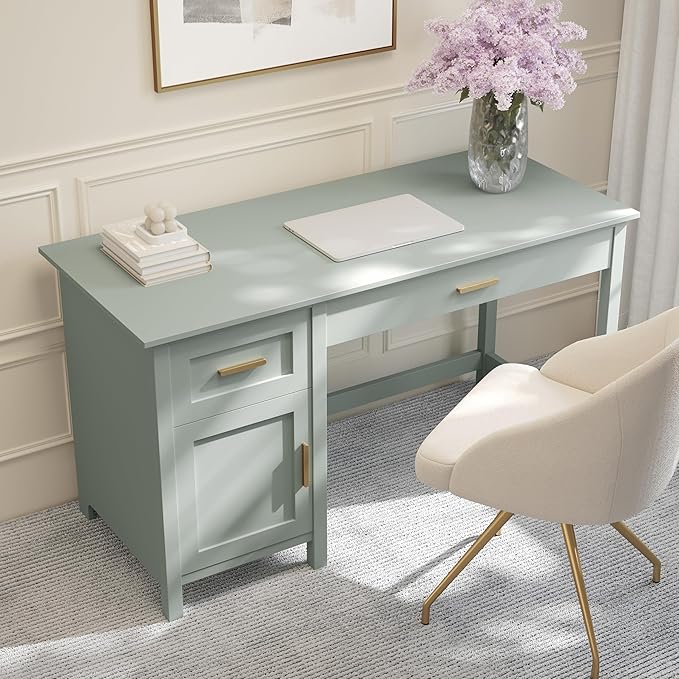 Martha Stewart Hutton Shaker Style Home Office Desk with Storage in Sage with Polished Brass Hardware