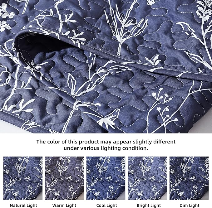 JANZAA Quilts Queen Size Navy Blue Floral Queen Quilt Bedding Set Microfiber Boho Bedspread Lightweight Reversible Coverlet 1 Quilt 90x90 inches with 2 Pillow Cases