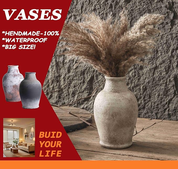Handmade Rustic Ceramic Decorative vase, 8.3 x 5.5 inches, Off-White, Handcrafted in Vintage Style, Complements Rustic, Country, and Various Decor Themes.