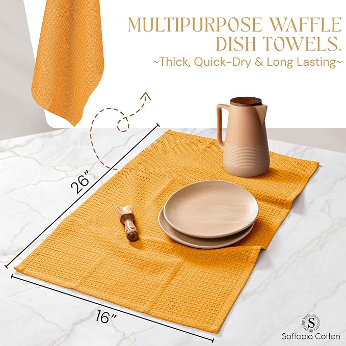 Yellow Waffle Kitchen Dish Towels, 100% Cotton, Quick Dry, Super Absorbent, Soft, 16x26 Inches – Ideal for Dish Drying, Bar, Tea, Cleaning, and Everyday Use, 12 Pack, Mustard Yellow
