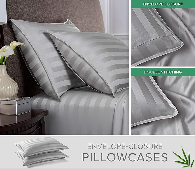 Pure Bamboo Full Sheets, Genuine 100% Organic Viscose Derived from Bamboo Bed Sheet Set, Luxuriously Soft & Cooling, Double Stitching, 2 Year Quality Promise (Full, Jacquard Silver)