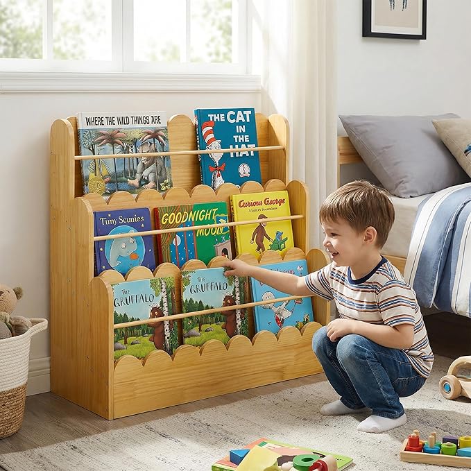 Scalloped Design | 3-Tier Montessori Solid Wood Kids Bookcase | 29.6" Wide Toddler Storage Shelf | Easy Access Floor Display Furniture for Playroom/Nursery