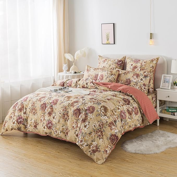 FADFAY College Duvet Cover Set Twin XL Vintage Tan Peony Floral Bedding Classic Shabby Dorm Room Comforter Cover Set 100% Cotton Soft Quilt Cover with Hidden Zipper Closure 3 Pieces, Twin XL Size