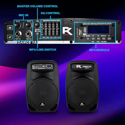Proreck Dance 15 Portable PA Speaker System - 2000W 15-Inch Bluetooth & USB with Remote Control & LED Light