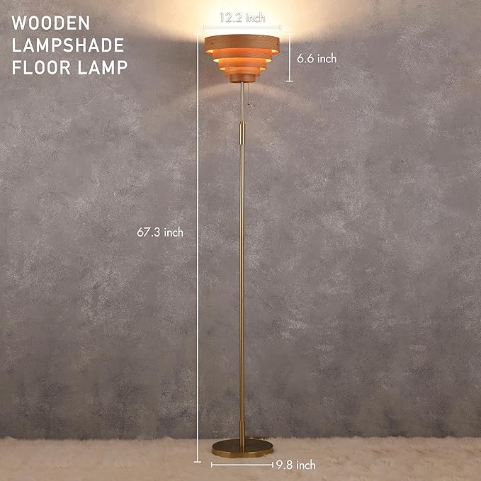 O'Bright Cascade Floor Lamp – Modern Wooden Layered Lampshade, E26 Socket, Pull Chain Switch, Metal Base, Standing Lamp for Living Room, Bedroom, Office, Antique Brass