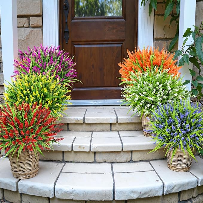 Ouddy Decor 24 Bundles Artificial Flowers for Outdoors, Fake Lavender Flowers Monkey Grass Faux Plastic Plants Shrubs UV Resistant for Porch Garden Window Box Office Home Decorations, Purple