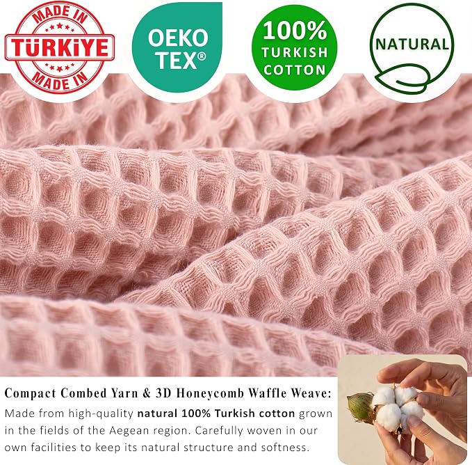 PÜSKÜL 4-Piece Natural 100% Turkish Cotton Luxury Waffle Towels for Bathroom | Premium Quality Honeycomb Weave 2 Hand Towel & 2 Bath Towel Set | Soft Absorbent Quick-Dry Lightweight Towels (Pink)